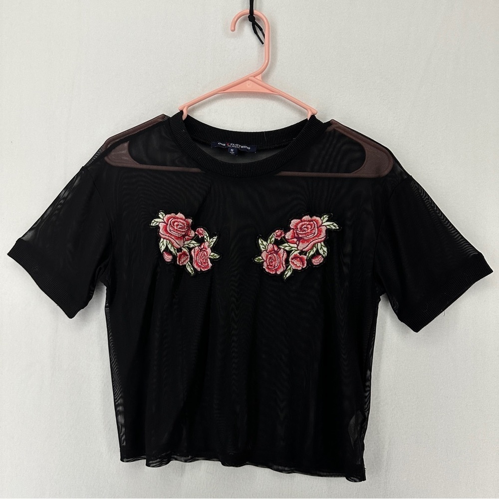 One Clothing Mesh Embroidered‎ Rose Top Size S Black